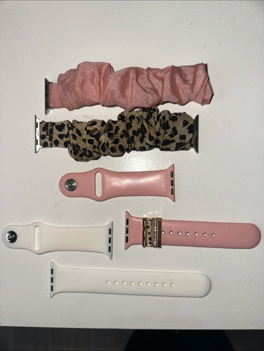 Interchangeable Pink & White Apple Watch Bands + Leopard & Pink  Scrunchie Band